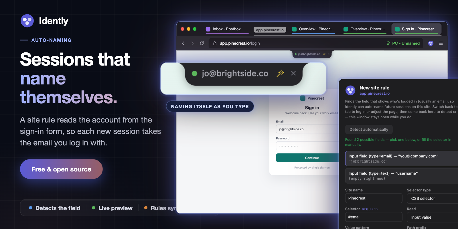 A Pinecrest sign-in page with jo@brightside.co typed into the email field and previewed in the notch, next to Idently's New site rule window showing the detected email field and a passing test.
